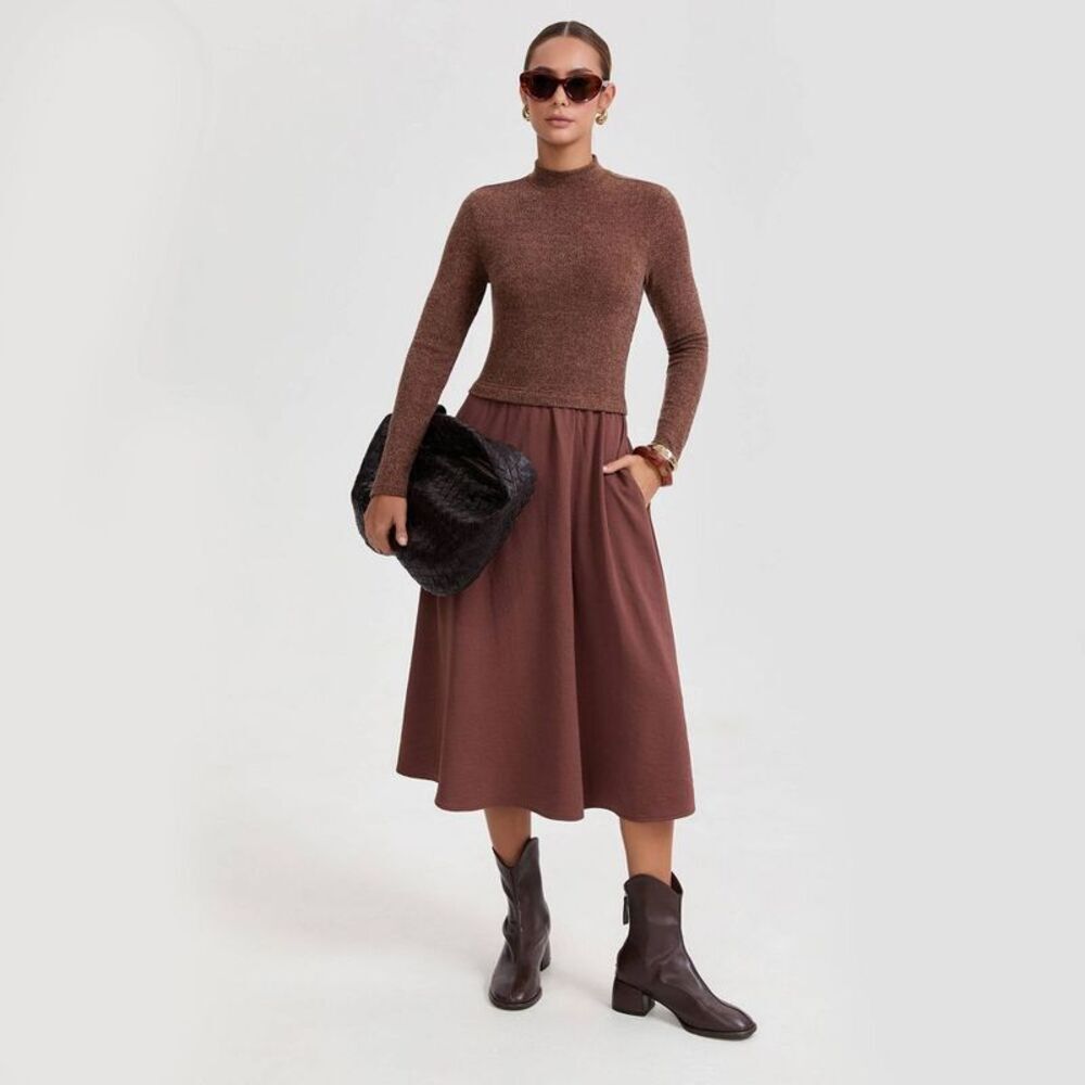 Women's Long Sleeve Twofer Midi A-Line Dress - A New Day Brown S